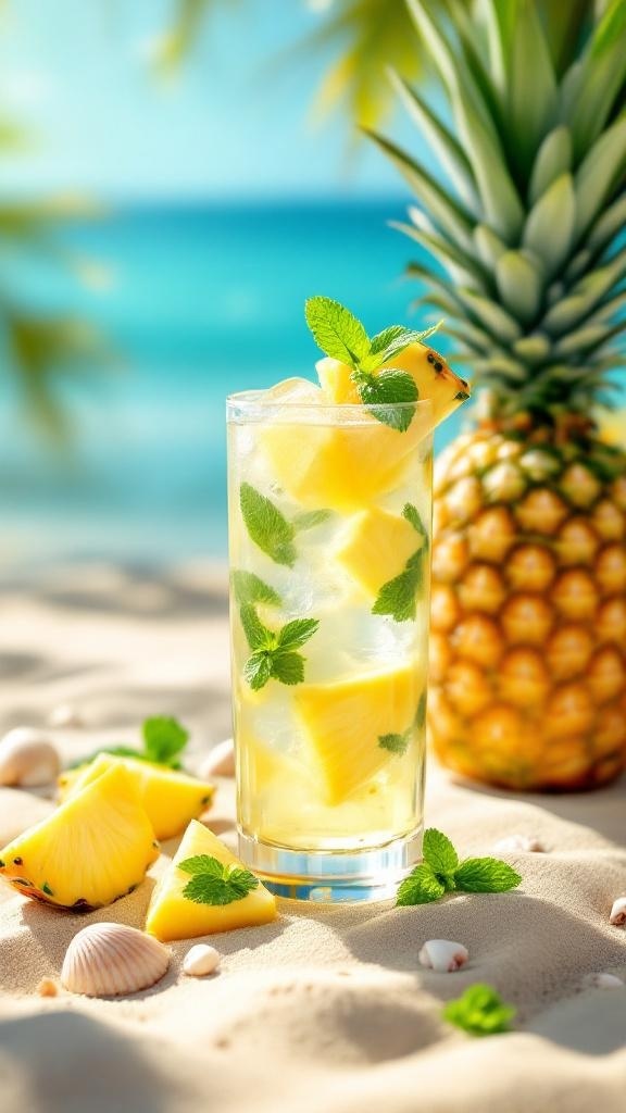 A refreshing Tropical Pineapple Detox Elixir with pineapple chunks and mint leaves, set against a beach background.