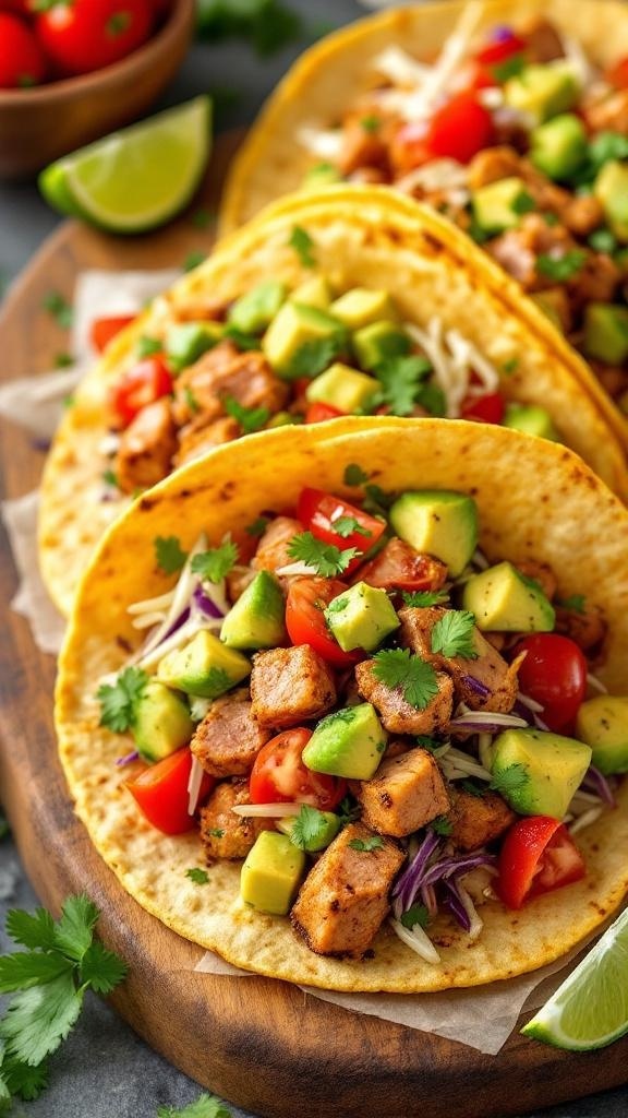 Tuna tacos filled with avocado, tomatoes, and cilantro on a wooden board.