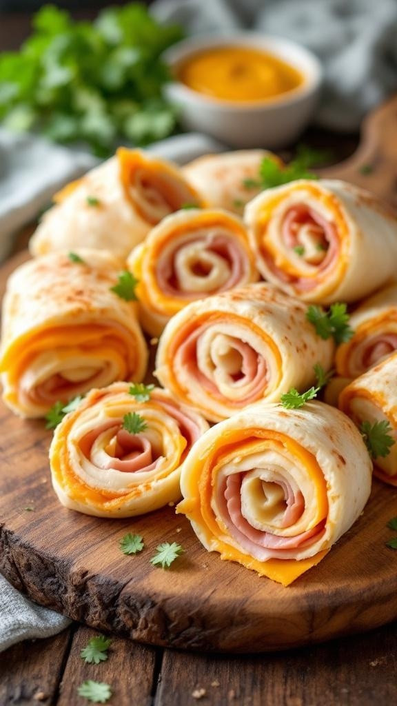 A plate of turkey and cheese roll-ups garnished with fresh herbs.