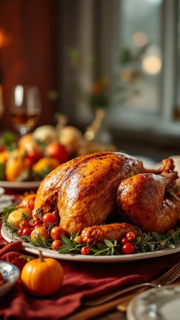 A beautifully roasted turkey surrounded by colorful vegetables and garnishes on a festive table.
