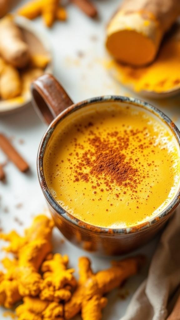 A warm cup of turmeric latte with a sprinkle of cinnamon, surrounded by fresh turmeric roots.