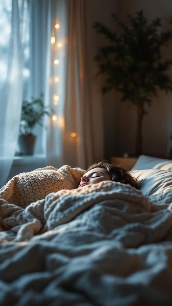 A person sleeping peacefully under a cozy blanket in a softly lit room.