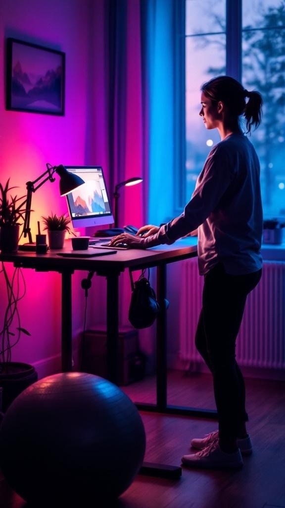 A person working at a standing desk with a balance ball nearby.