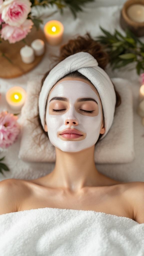 A woman with a facial mask relaxing with candles and flowers around her.