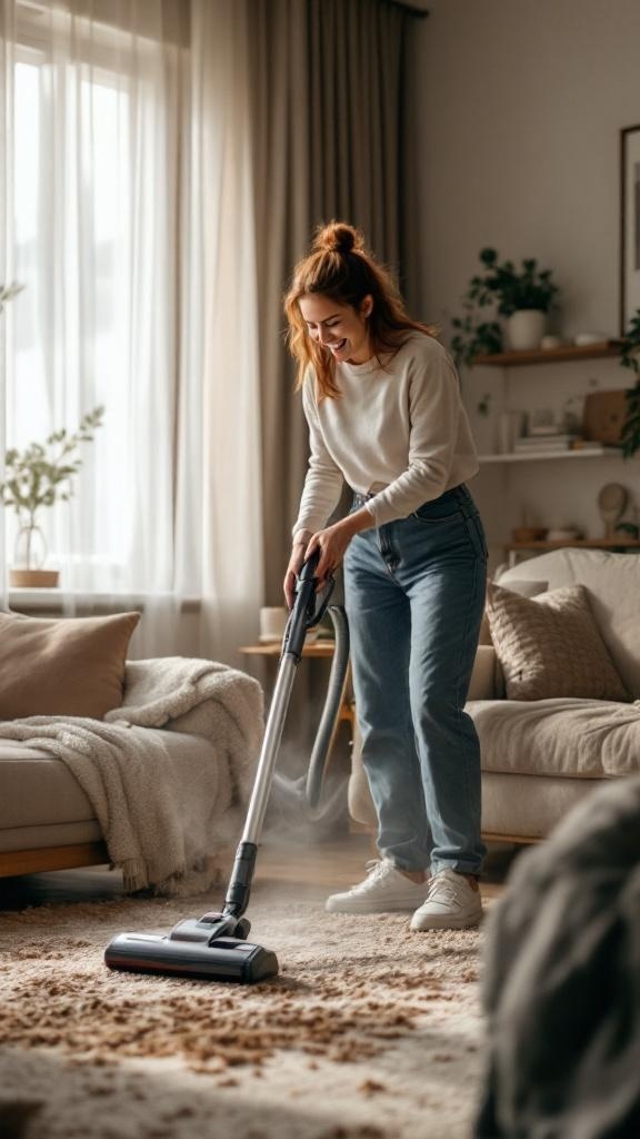 A person vacuuming a living room, smiling while cleaning.