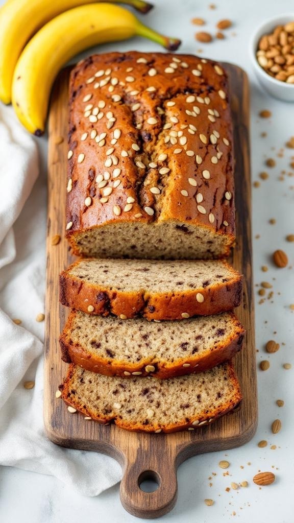 A freshly baked vegan banana bread loaf sliced on a wooden board, with ripe bananas in the background.