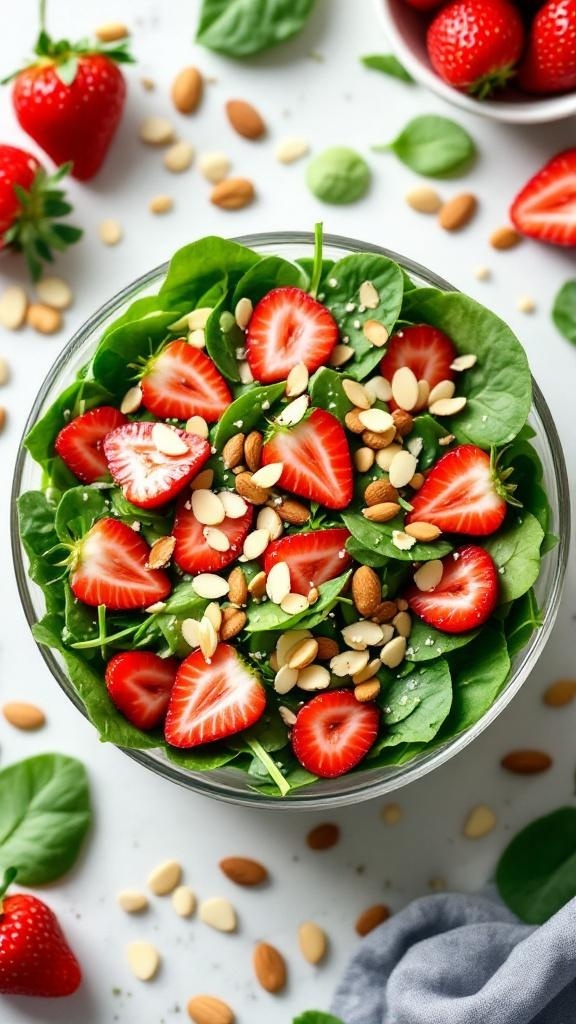 A vibrant Vegan Spinach and Strawberry Salad with sliced strawberries and almonds.