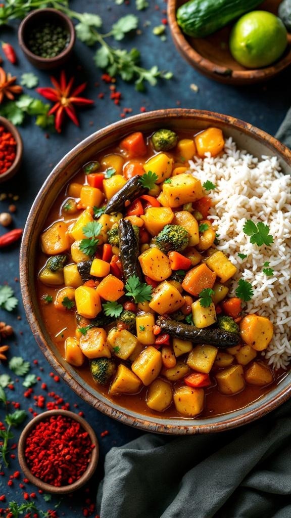 A bowl of colorful vegetable curry with rice, garnished with cilantro, surrounded by spices.