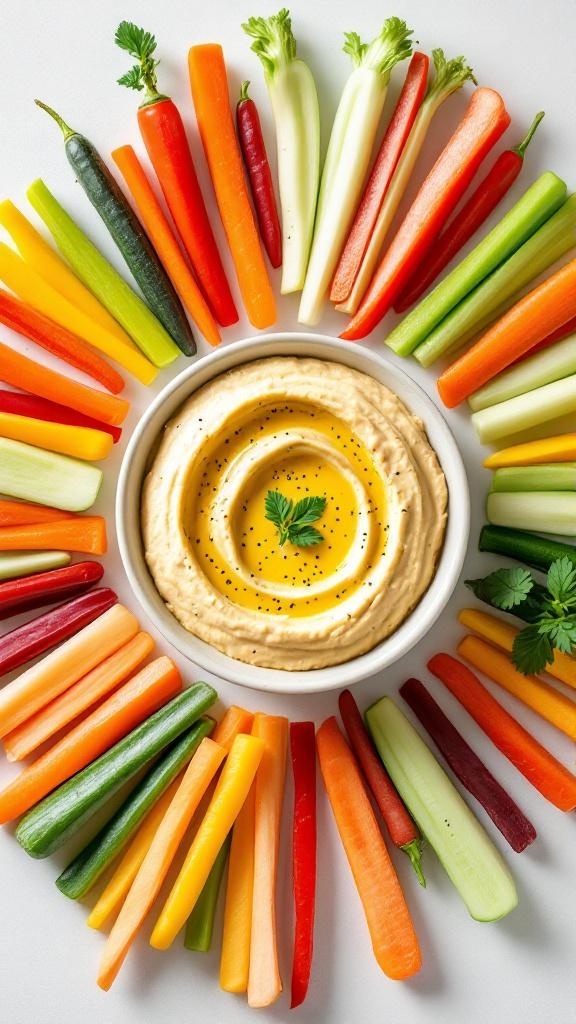 A colorful arrangement of vegetable sticks around a bowl of hummus.
