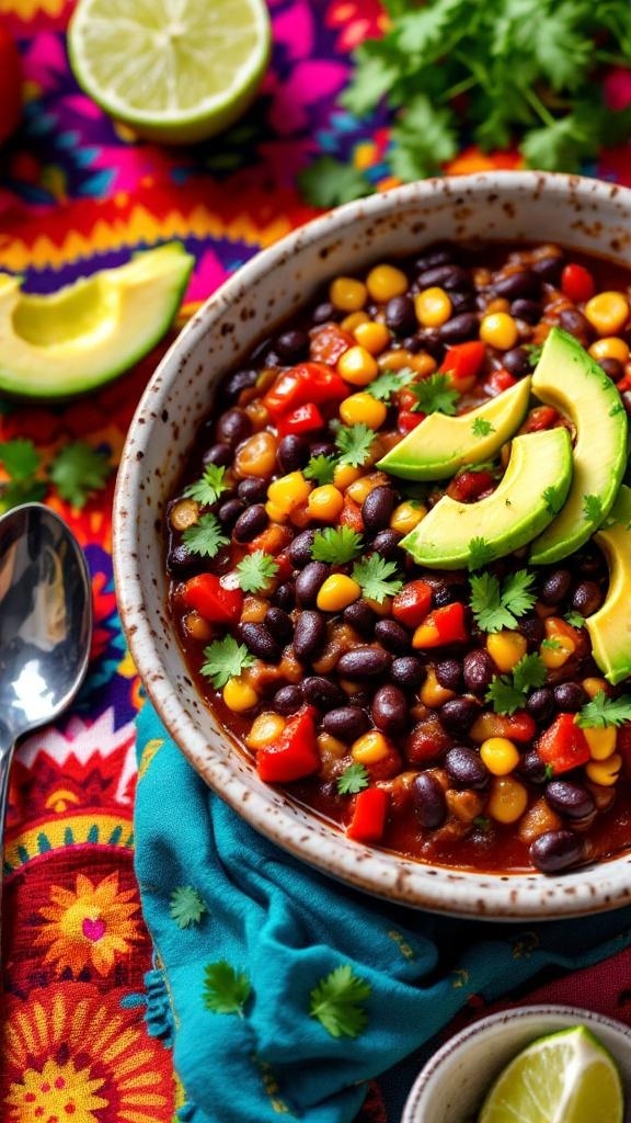 A colorful bowl of black bean chili topped with avocado slices and cilantro, served with lime wedges.