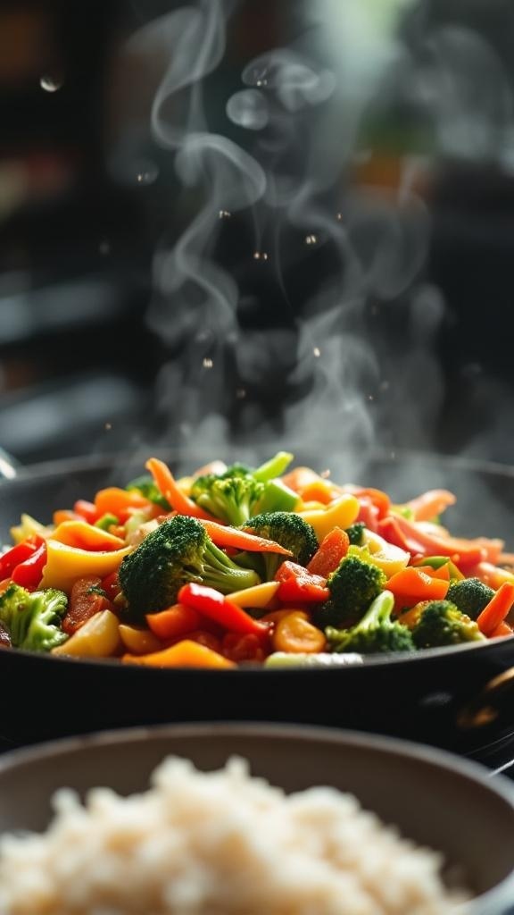 A vibrant veggie stir-fry with broccoli, bell peppers, and carrots in a pan, steaming and ready to serve.