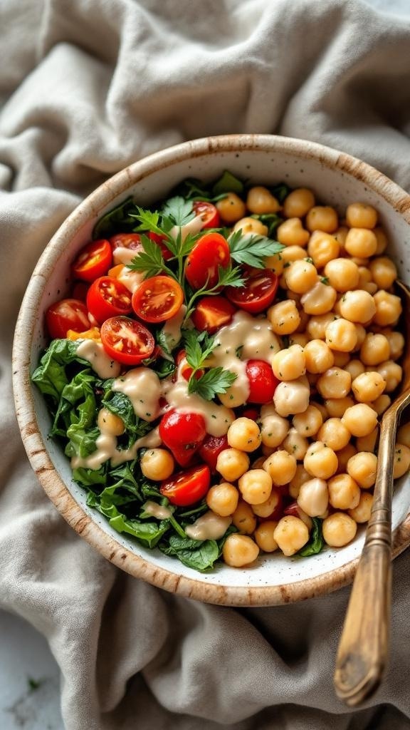 Chickpea and Spinach Bowl with cherry tomatoes and tahini dressing