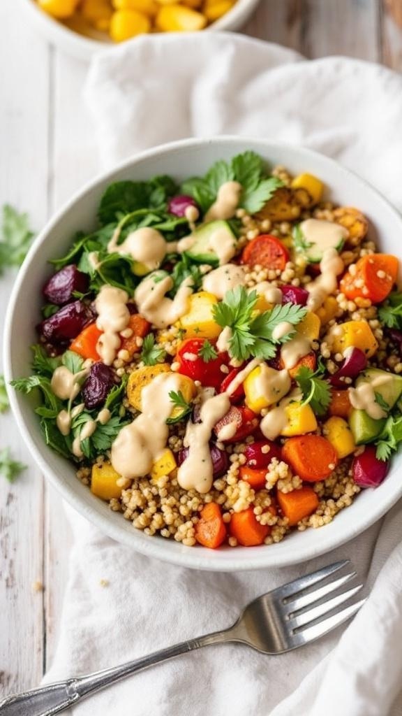 A vibrant bowl of roasted vegetable grain bowl with quinoa, colorful veggies, and a creamy dressing.