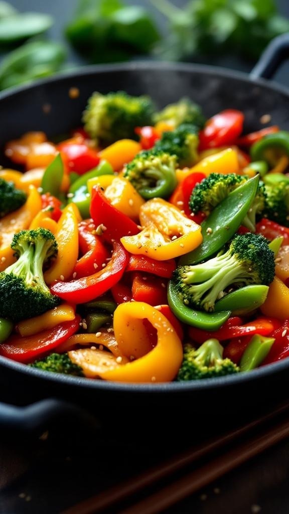 A colorful stir-fried vegetable medley in a black skillet, featuring broccoli, red, yellow, and green bell peppers, and snap peas.