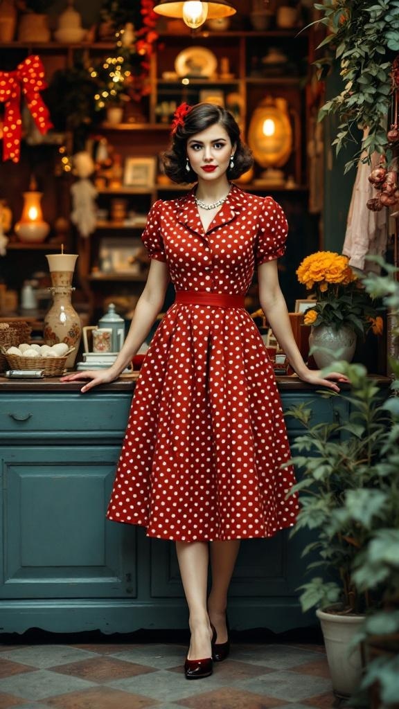 A woman in a vintage red polka dot dress with kitten heels, standing in a cozy vintage-inspired setting.