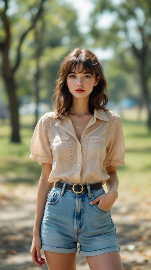 A model wearing high-waisted denim shorts and a light pastel shirt in a park setting.
