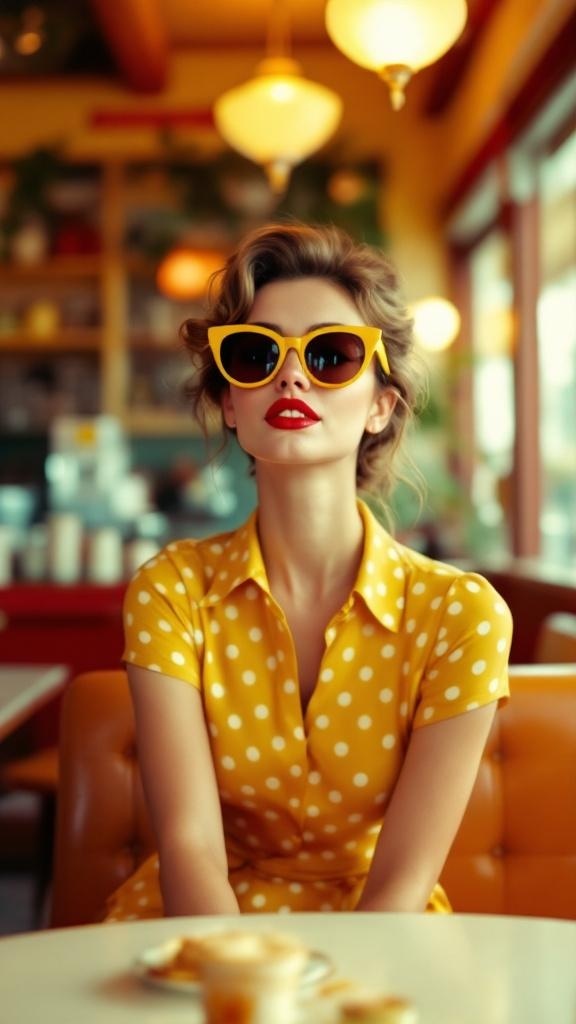 A woman in a yellow polka dot dress and oversized yellow sunglasses sitting in a retro diner.