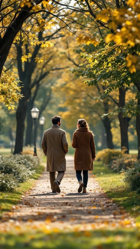 A couple walking together on a scenic path in a park during autumn.