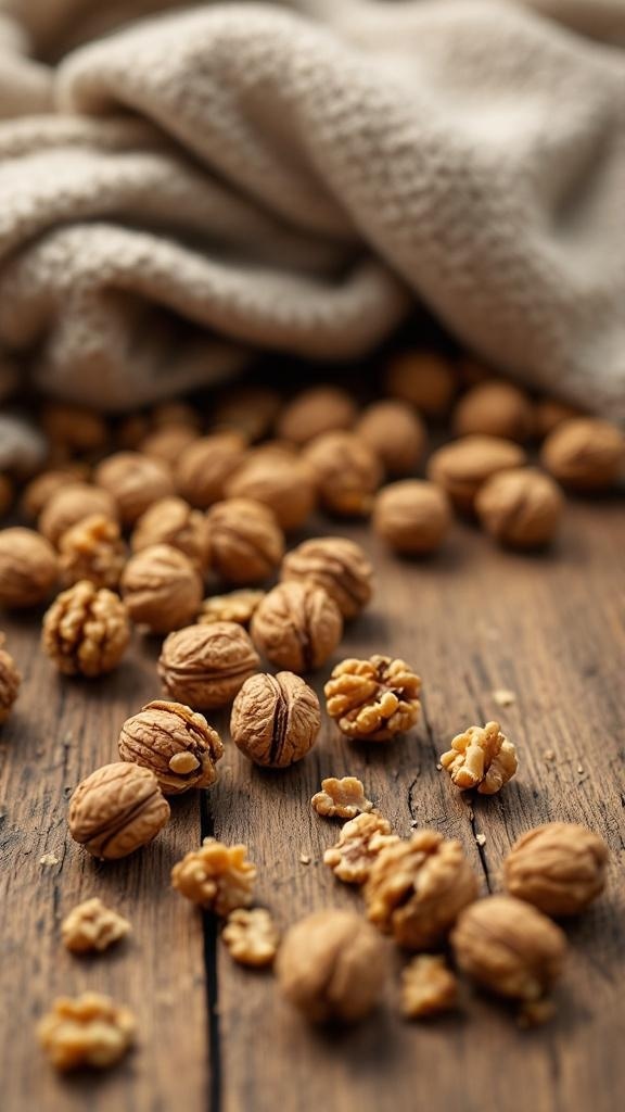 A close-up of walnuts scattered on a wooden surface with a soft cloth in the background.