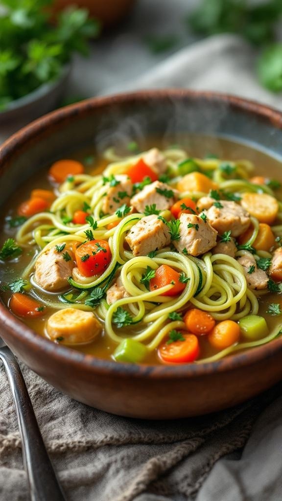 A bowl of chicken zoodle soup with colorful vegetables and herbs.
