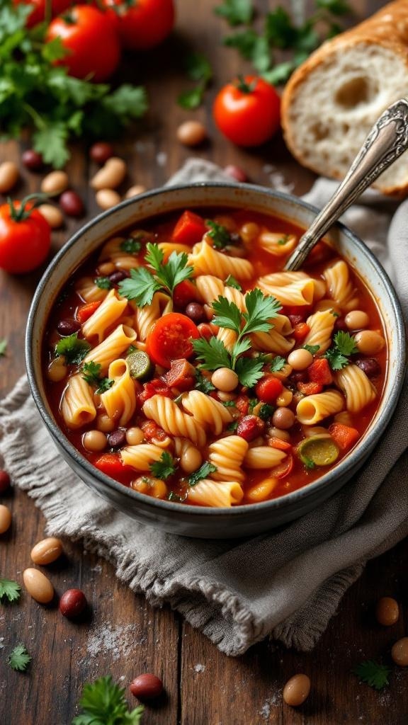 A bowl of classic minestrone soup with pasta, beans, and fresh vegetables, garnished with parsley.