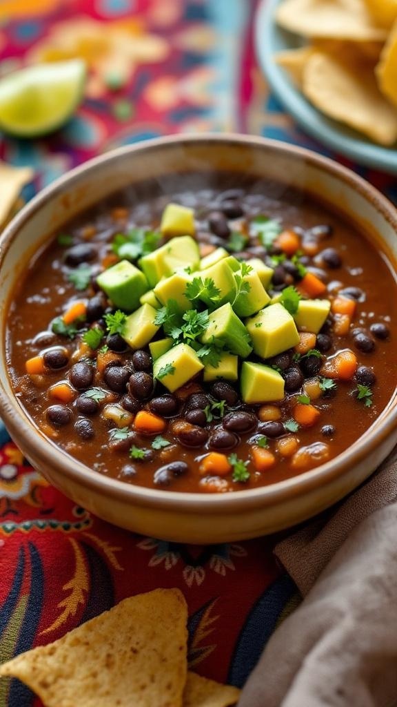 A bowl of spicy black bean soup topped with diced avocado and cilantro, served with tortilla chips on the side.
