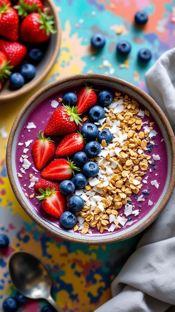 A colorful berry smoothie bowl topped with strawberries, blueberries, granola, and coconut.