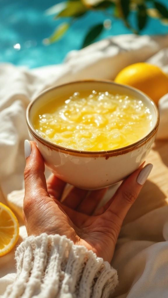 A hand holding a bowl of lemon juice with fresh lemons nearby, set against a bright background.
