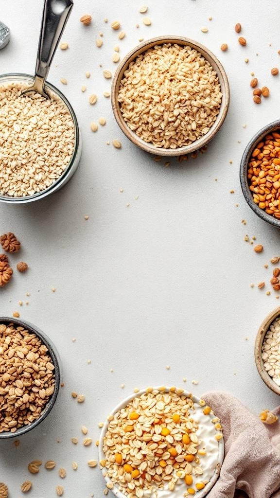 A variety of whole grains displayed in bowls, including oats and seeds, on a light background.