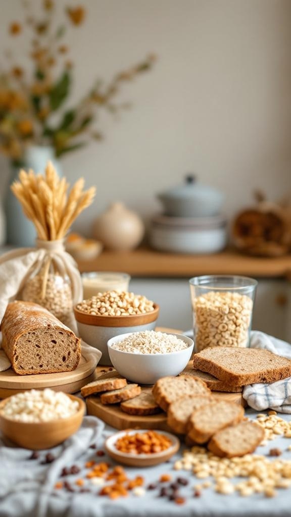 A variety of whole grains including bread, oats, and cereals arranged on a table.