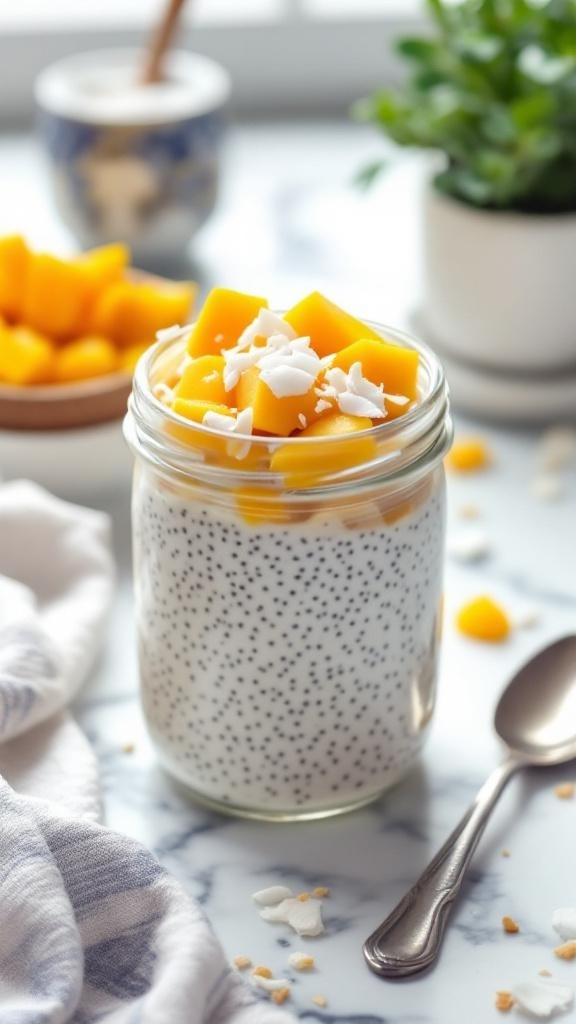 A jar of chia seed pudding topped with mango and coconut flakes