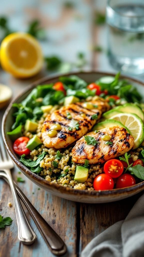 A nutritious chicken and quinoa bowl with fresh vegetables, garnished with lemon and herbs.