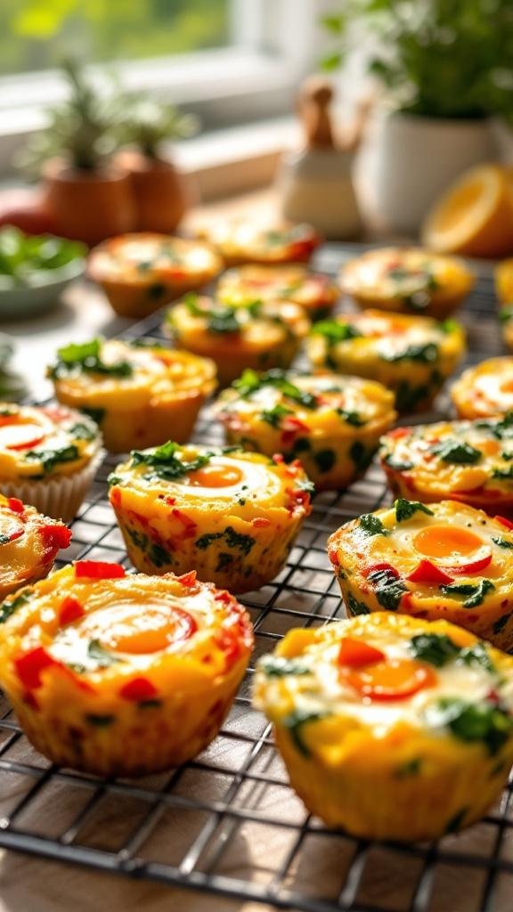 Colorful egg muffins with spinach and bell peppers on a cooling rack