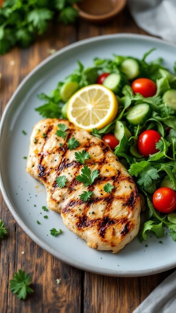 Grilled chicken breast served with a fresh salad of greens, cherry tomatoes, and cucumber, garnished with lemon and herbs.
