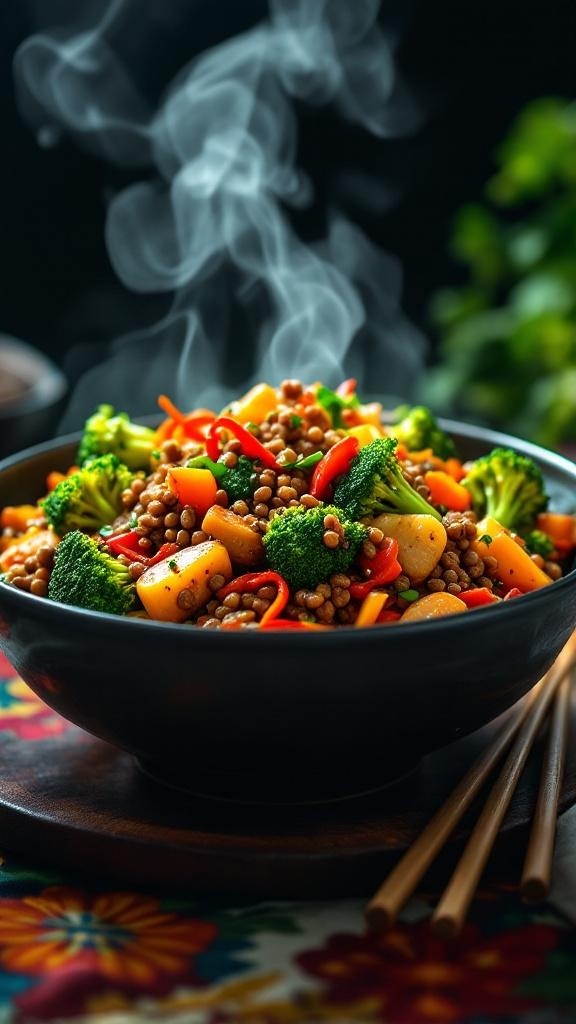 A bowl of colorful lentil and vegetable stir-fry with broccoli, bell peppers, and carrots, steaming and ready to eat.