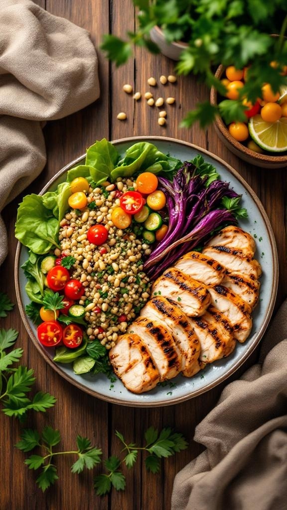 A colorful plate featuring grilled chicken, a fresh salad with cherry tomatoes, and a couscous salad with pine nuts.