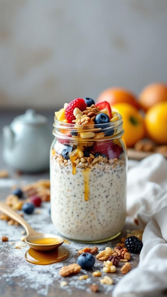 A jar of overnight oats topped with berries and nuts, with a spoon and honey on the side.
