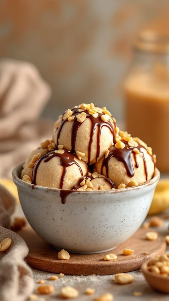 Bowl of peanut butter banana ice cream topped with chocolate sauce and peanuts