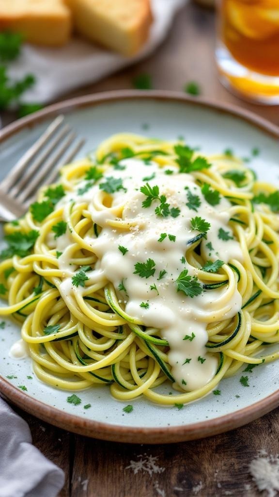 Zucchini noodles topped with creamy Alfredo sauce and garnished with parsley, served with bread and a drink.