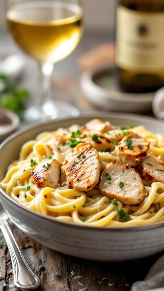 A bowl of creamy Chicken Alfredo with grilled chicken slices and parsley, accompanied by a glass of white wine.