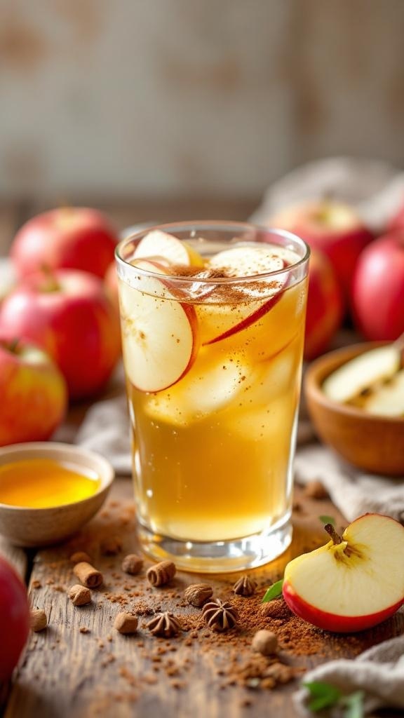 A refreshing Zesty Apple Cider Vinegar Tonic in a glass, garnished with apple slices, surrounded by fresh apples and spices.