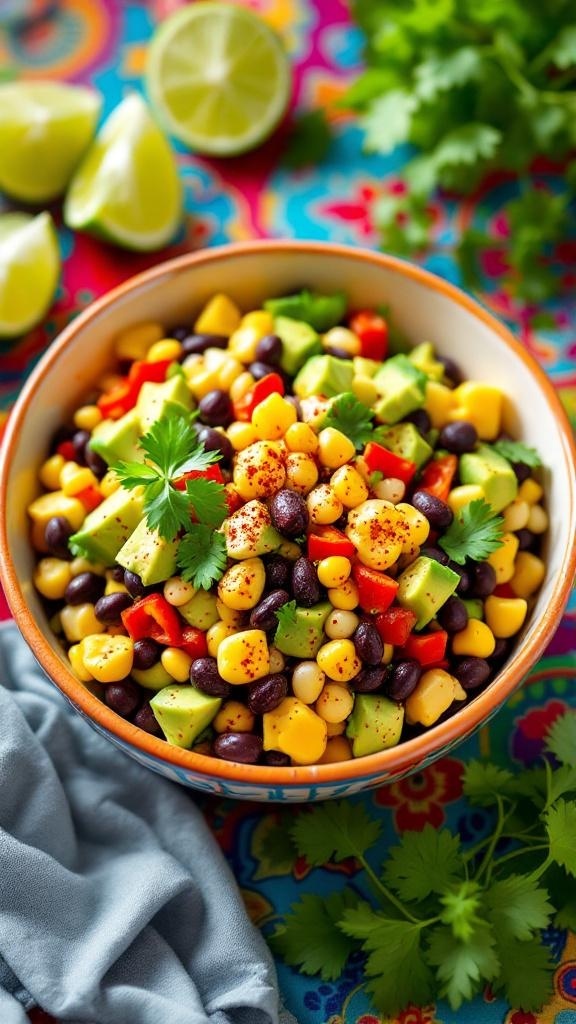 A colorful bowl of Zesty Avocado and Black Bean Salad with corn, black beans, and diced avocado.