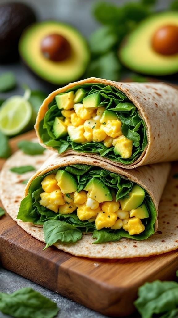 Zesty Avocado and Egg Breakfast Wraps with spinach and lime on a wooden board.
