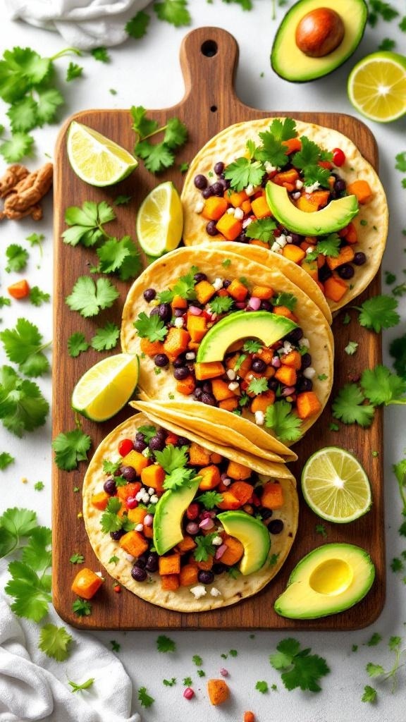 Zesty Black Bean and Sweet Potato Tacos with avocado and lime