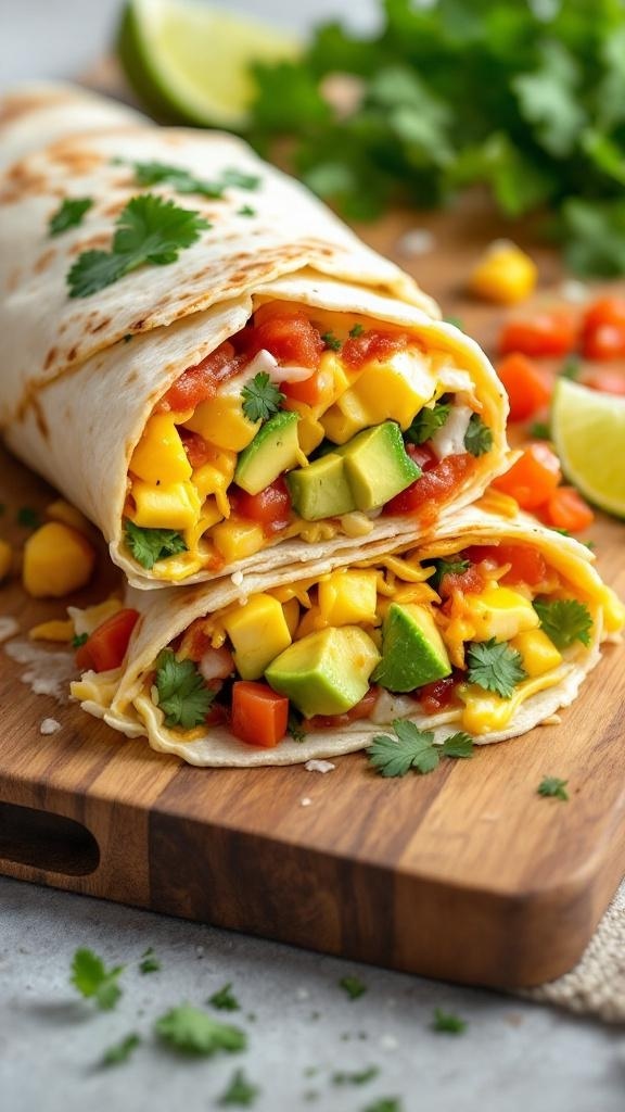 A delicious breakfast burrito filled with avocado, mango, and tomatoes, garnished with cilantro on a wooden cutting board.