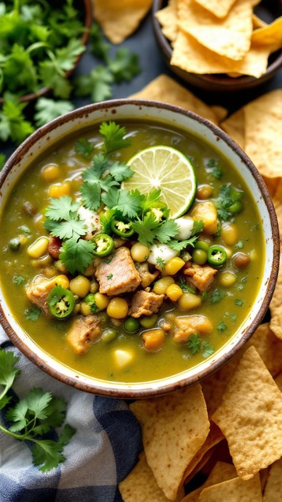 A bowl of zesty chili verde with pork, garnished with cilantro and lime, surrounded by tortilla chips.