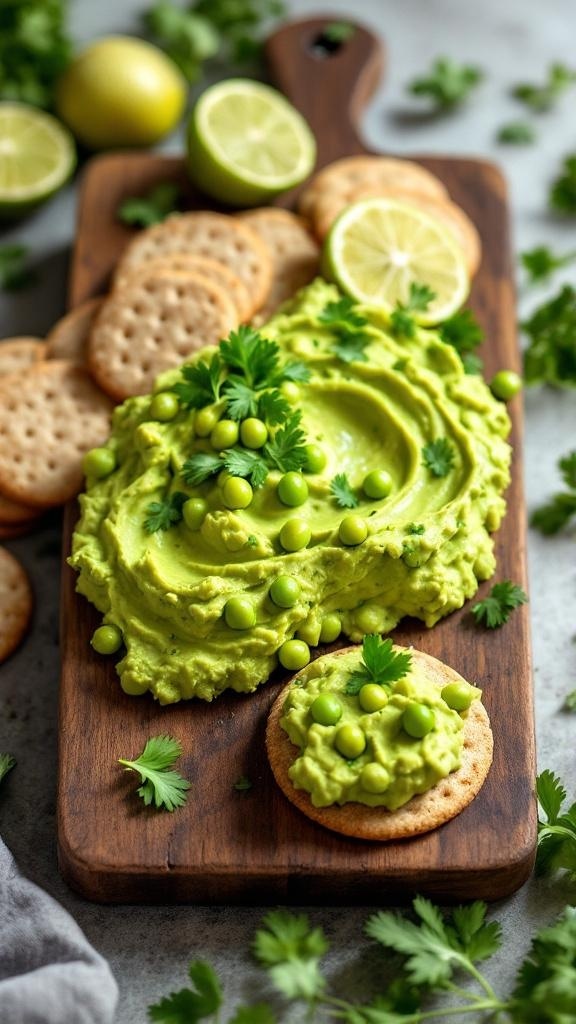 A vibrant green edamame and avocado spread served with crackers and garnished with cilantro and lime.