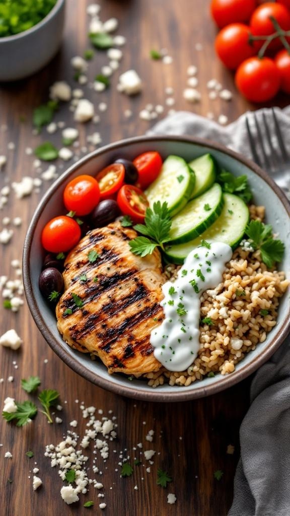 A colorful Greek chicken bowl with grilled chicken, cherry tomatoes, cucumbers, olives, and yogurt on a wooden table.
