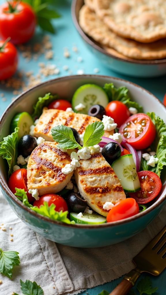 A colorful Zesty Greek Chicken Salad with grilled chicken, fresh vegetables, olives, and feta cheese.