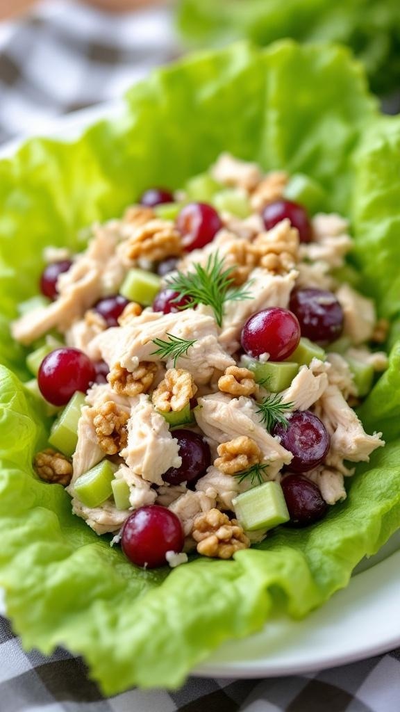 A colorful chicken salad with grapes, celery, and walnuts served on a lettuce leaf.